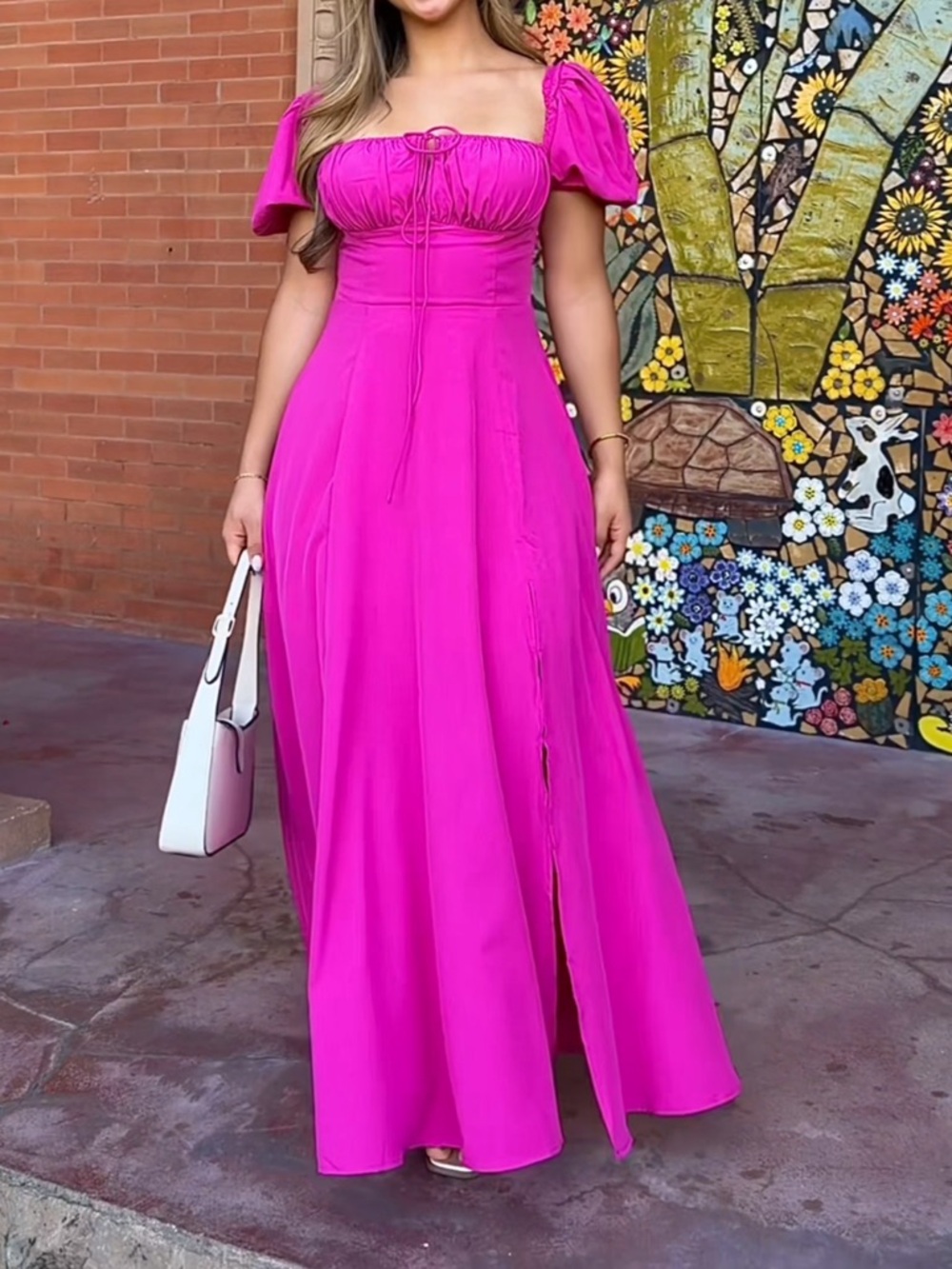Fuchsia Puff-Sleeve Maxi Dress with Tie Front